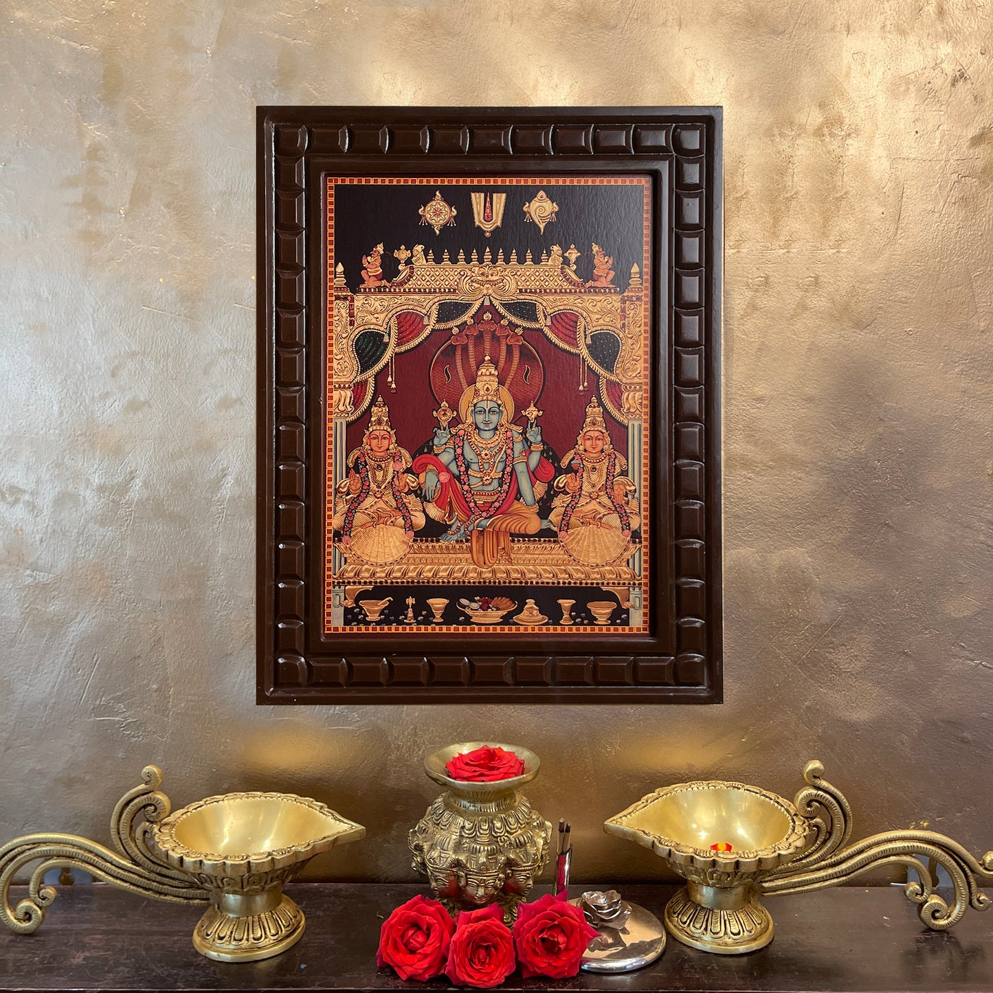 Vishnu: Gold Leafed Art Mahavishnu with Bhudevi & Shreedevi  With Wooden Frame