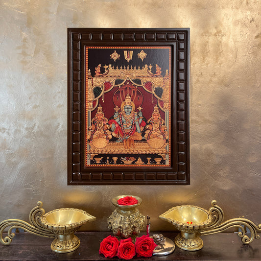 Vishnu: Gold Leafed Art Mahavishnu with Bhudevi & Shreedevi  With Wooden Frame