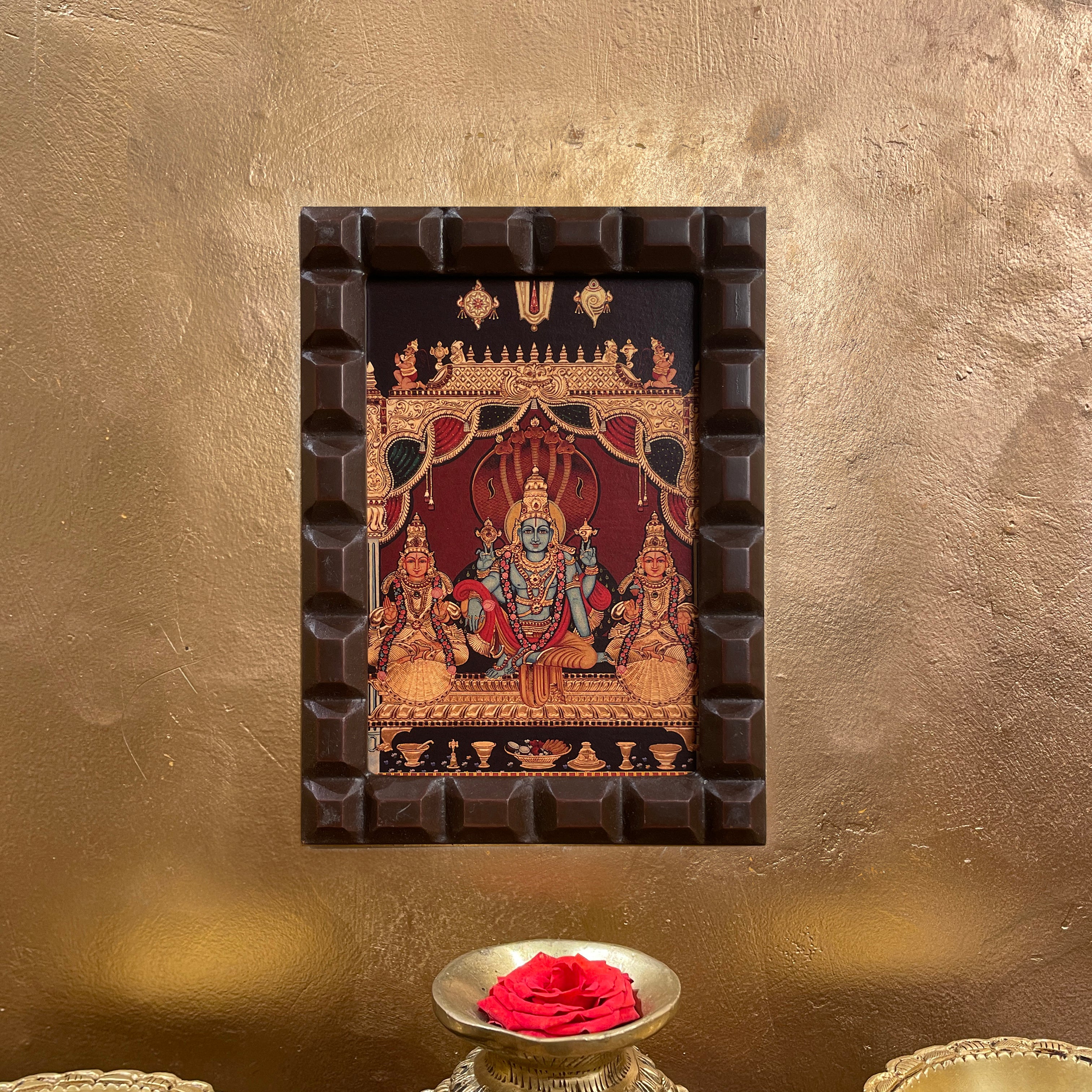 Vishnu Gold Leafed Art Mahavishnu with Bhudevi & Shreedevi  With Wooden Frame