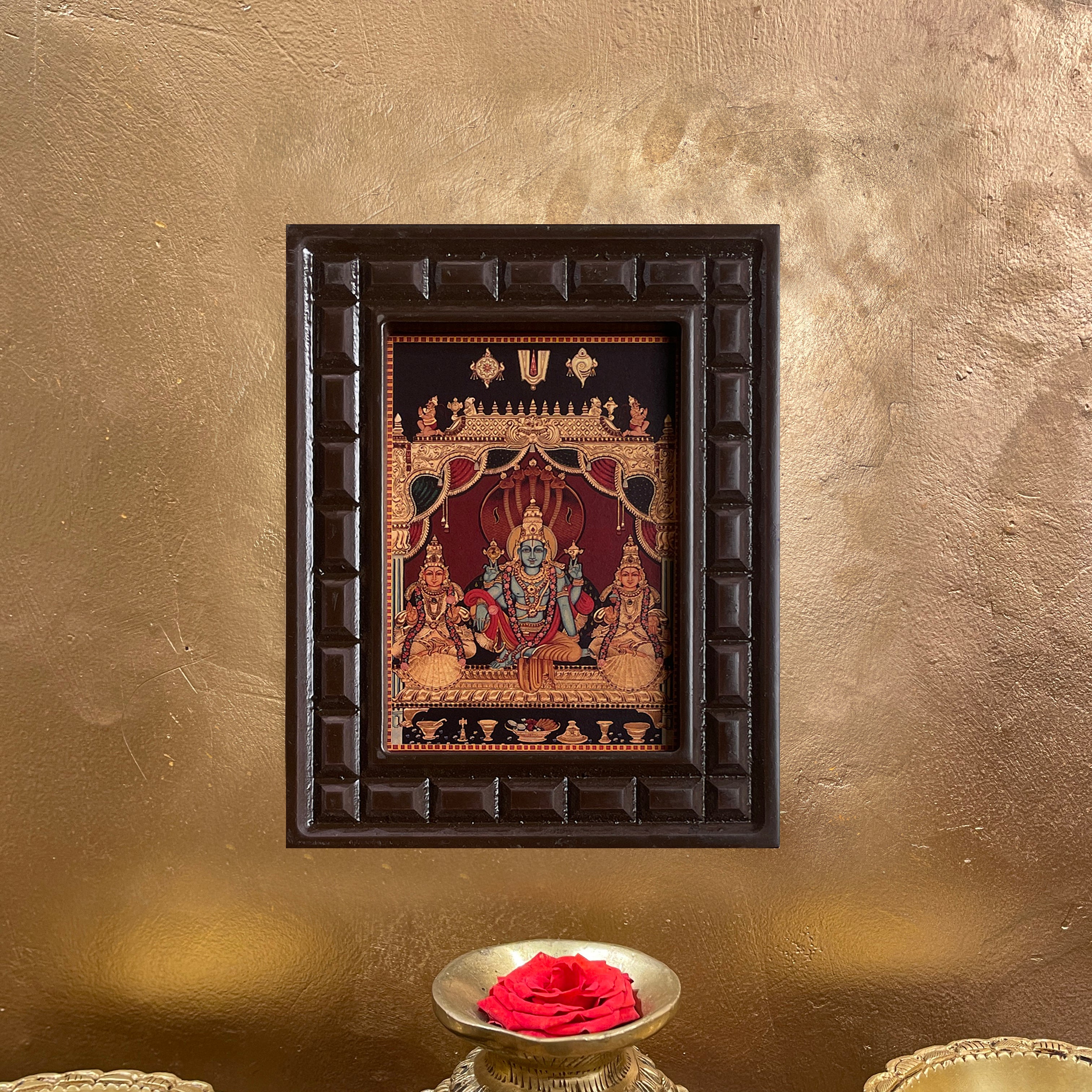 Vishnu Gold Leafed Art Mahavishnu with Bhudevi & Shreedevi  With Wooden Frame