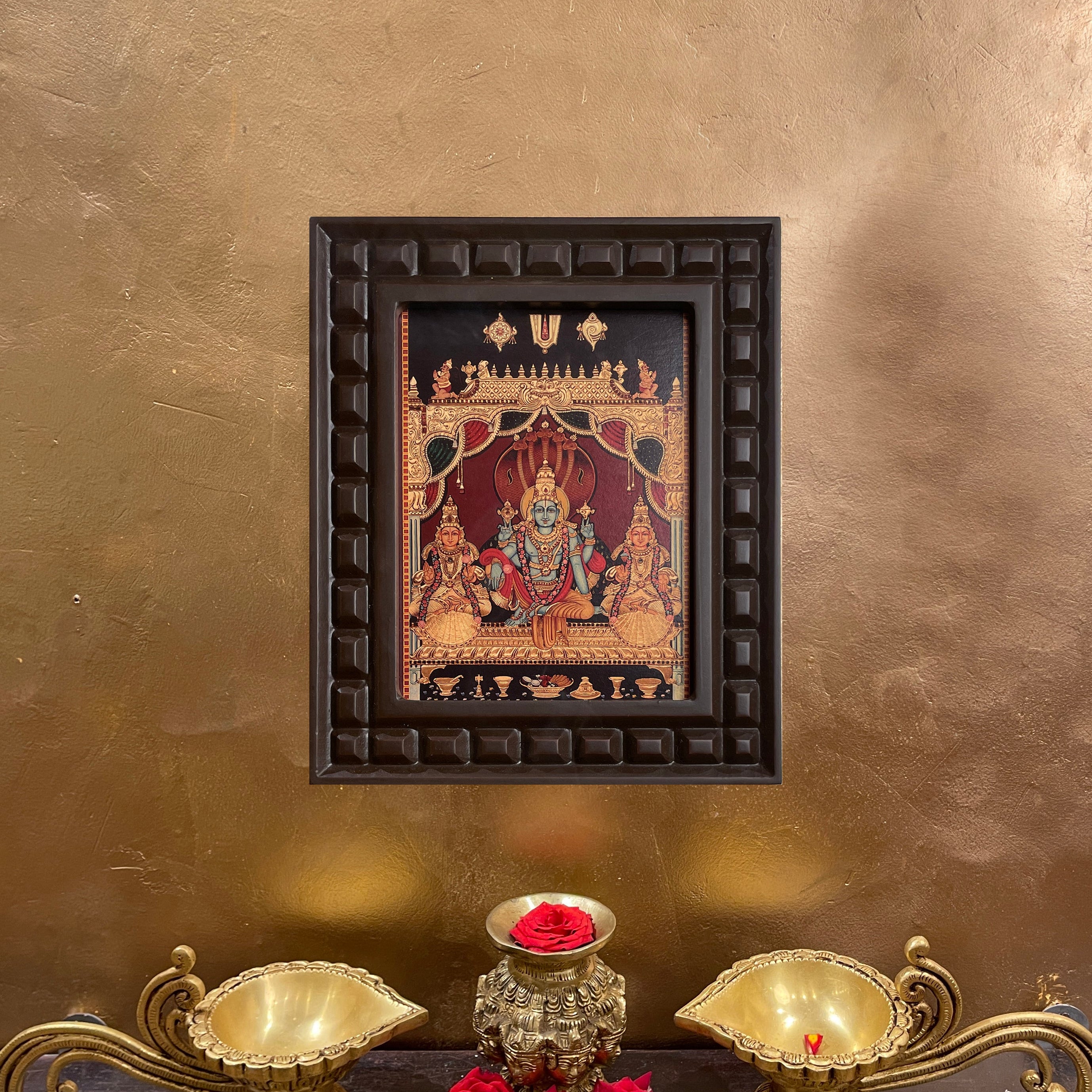 Vishnu: Gold Leafed Art Mahavishnu with Bhudevi & Shreedevi  With Wooden Frame