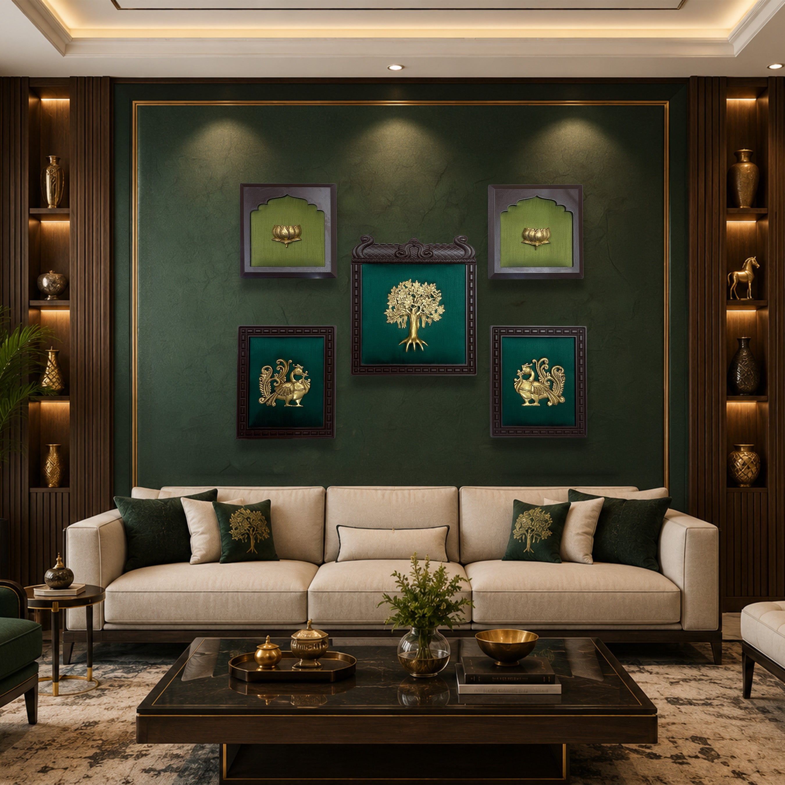 Brass Kalpavriksha, Peacock & Lotus Wall Art Set of 5 Frames | Traditional Wooden Decor for Home & Office