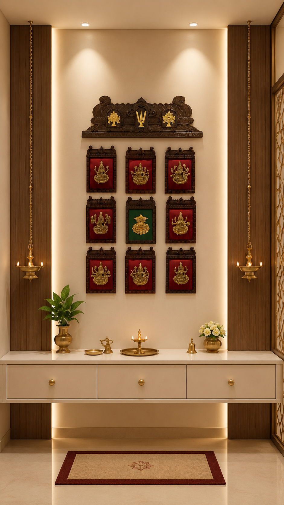 Ashta Lakshmi Brass Wall Art Set with Wooden Frames  | Luxury Pooja Room Wall Decor | Estudio