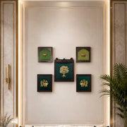 Brass Kalpavriksha, Peacock & Lotus Wall Art Set of 5 Frames | Traditional Wooden Decor for Home & Office