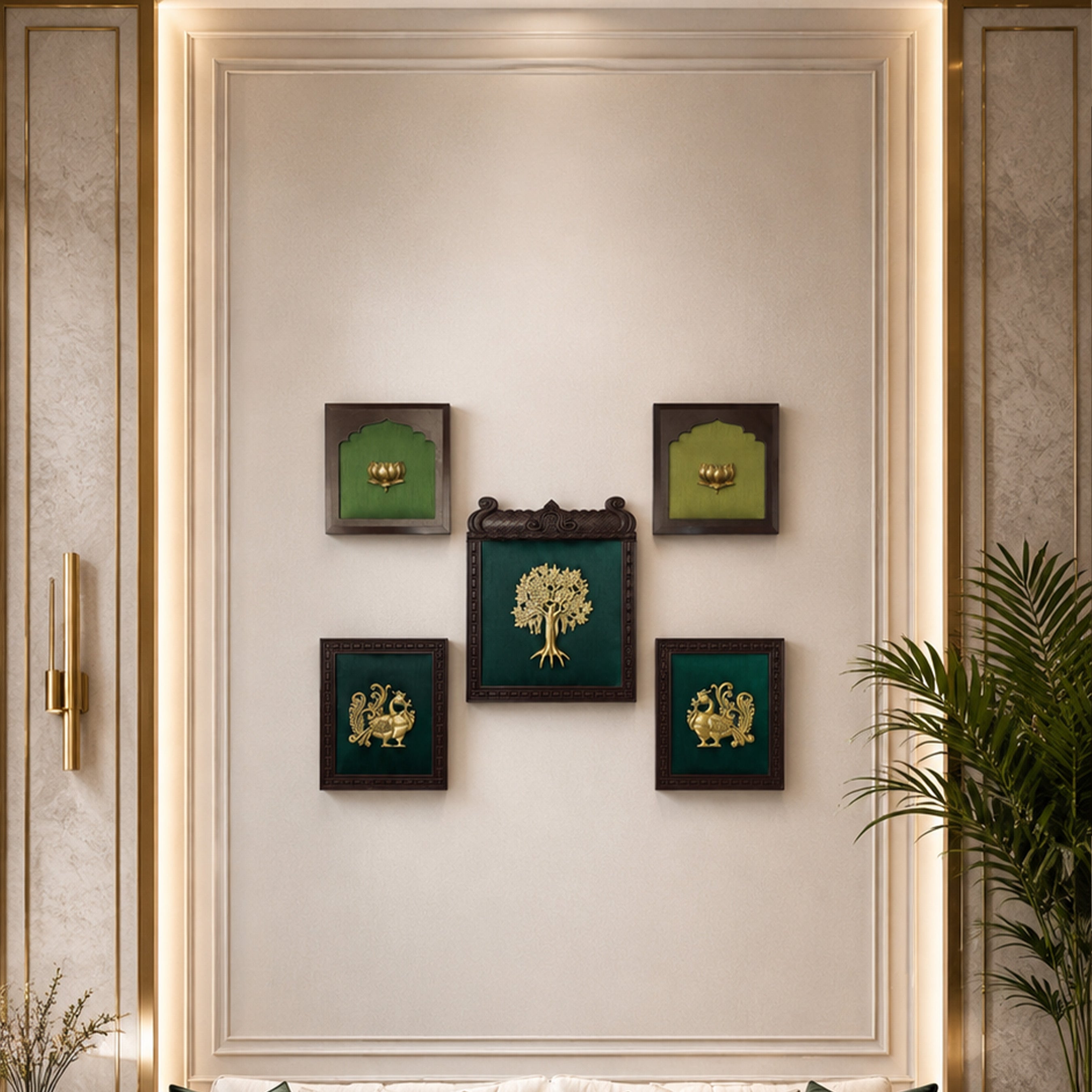 Brass Kalpavriksha, Peacock & Lotus Wall Art Set of 5 Frames | Traditional Wooden Decor for Home & Office