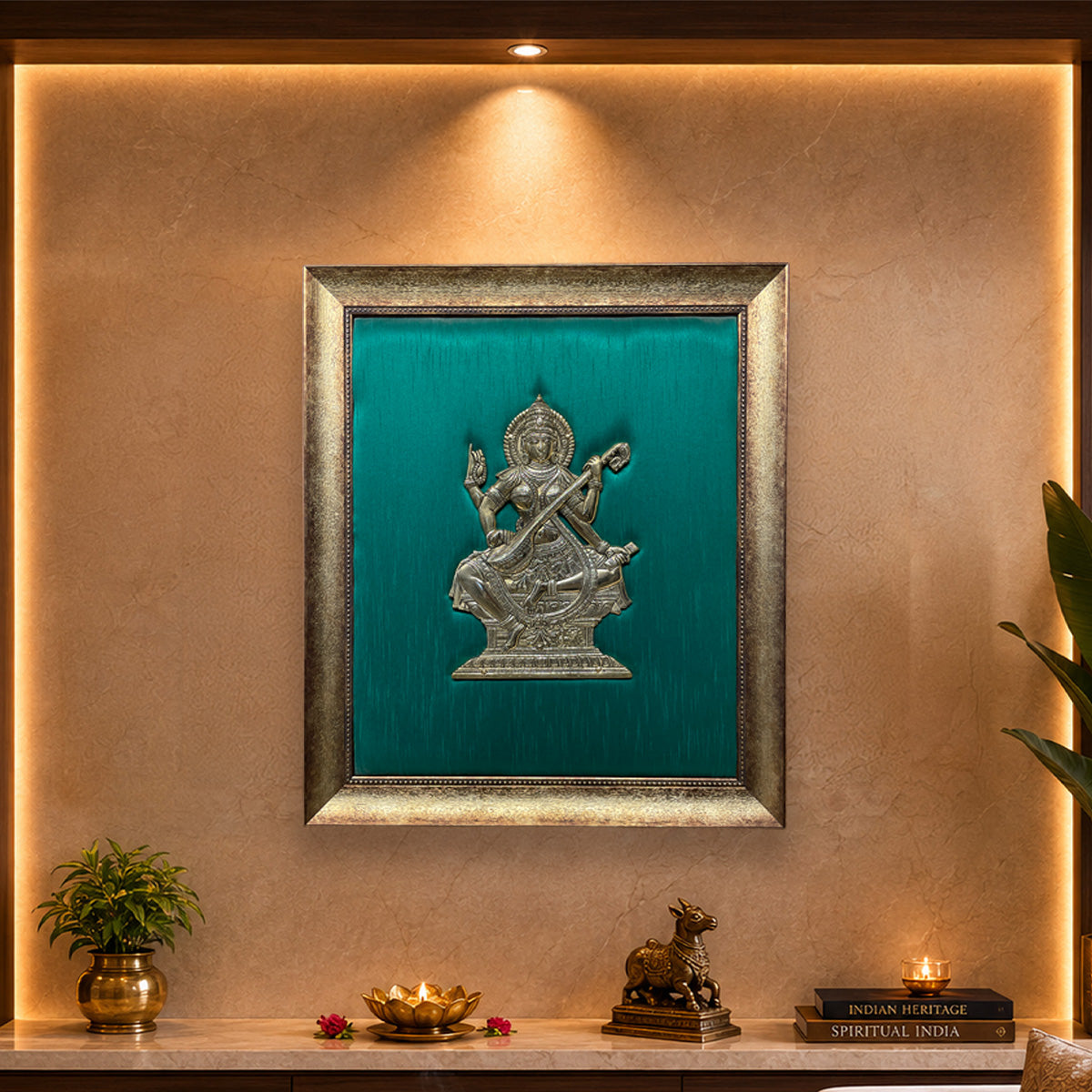 Saraswathi Brass Wall Art with Green Silk Backdrop & Premium Wooden Frame | Luxury Pooja Room Decor