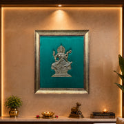 Saraswathi Brass Wall Art with Green Silk Backdrop & Premium Wooden Frame | Luxury Pooja Room Decor