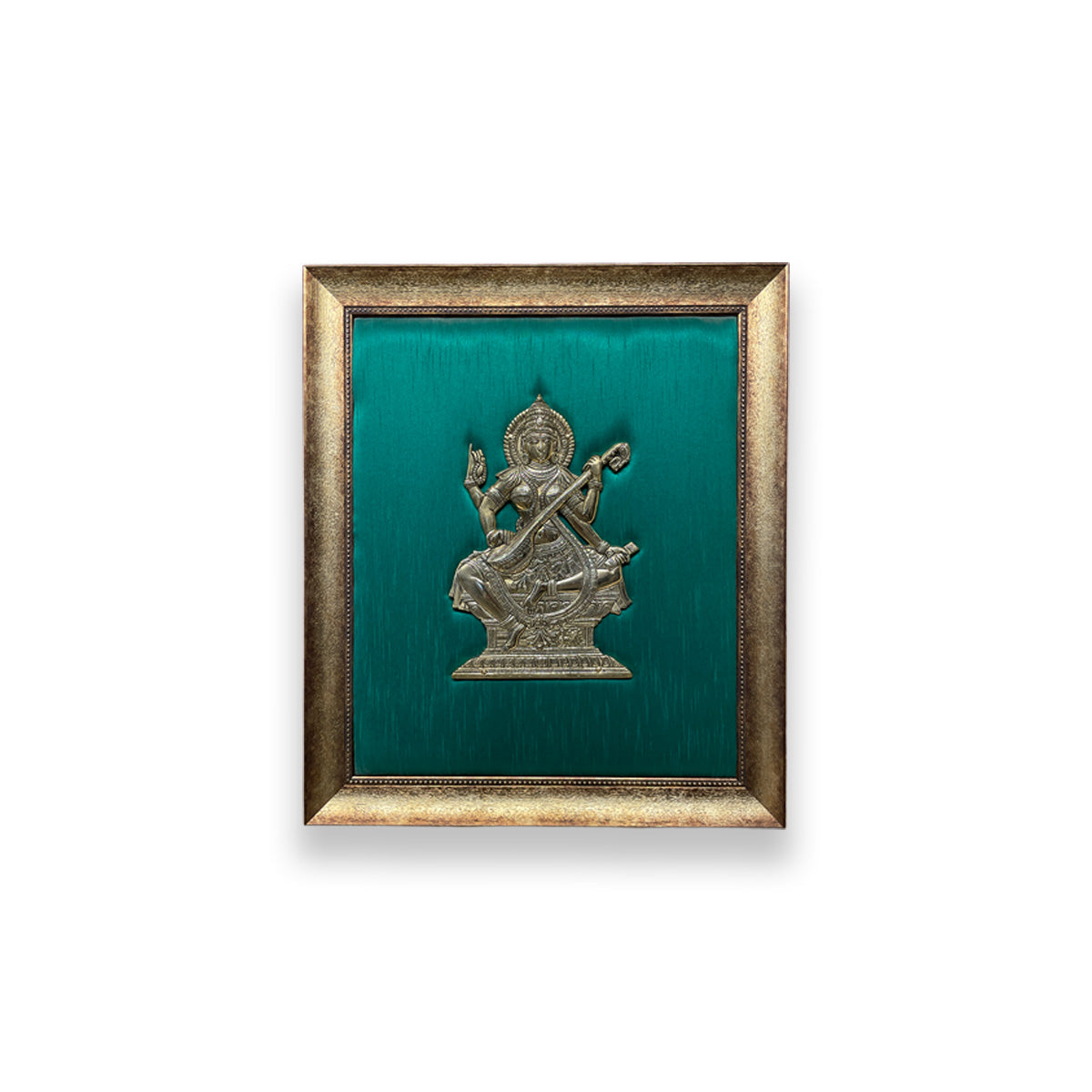 Saraswathi Brass Wall Art with Green Silk Backdrop & Premium Wooden Frame | Luxury Pooja Room Decor