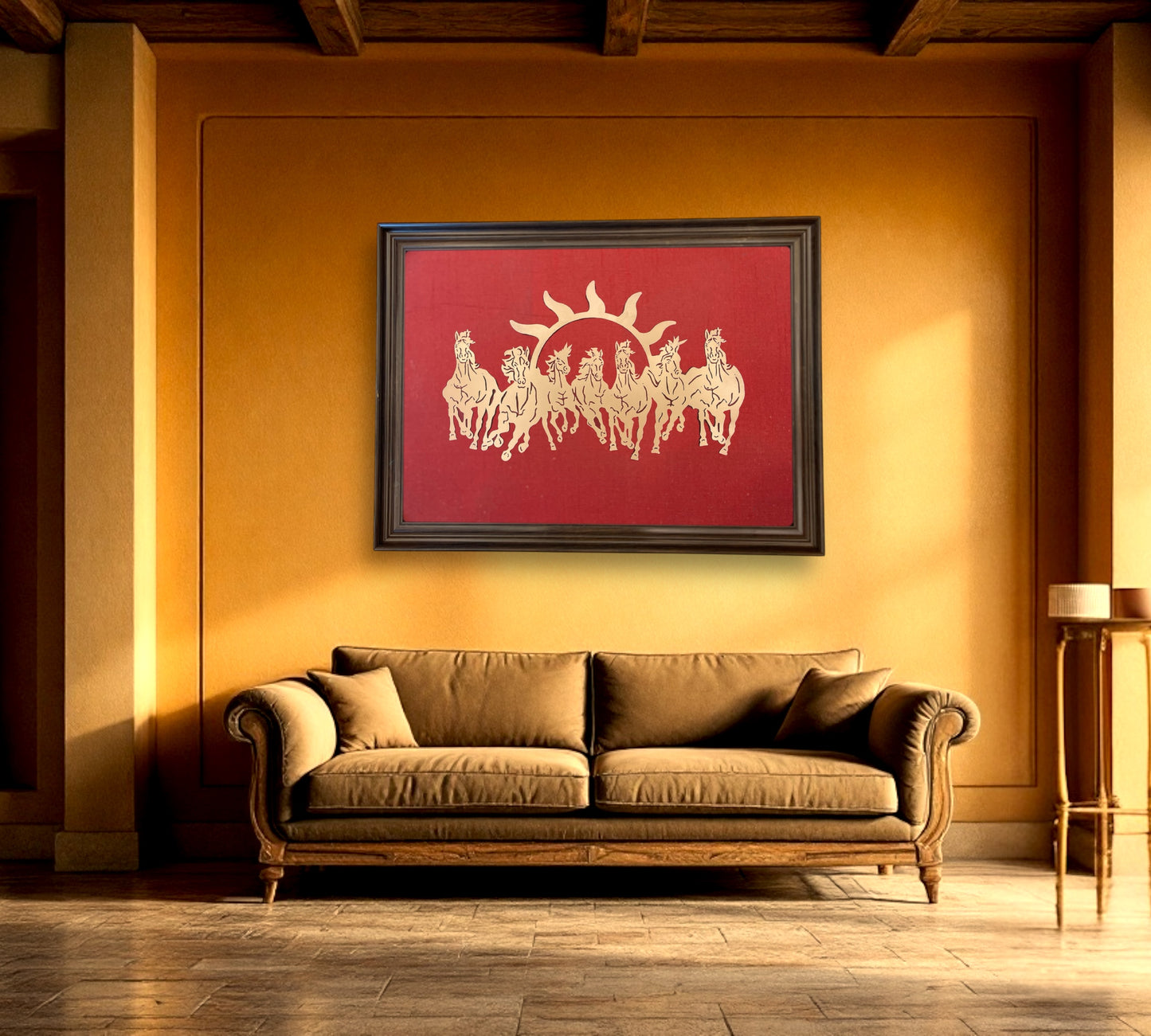 7 Running Horses with Wine Red Silk in Brown Frame