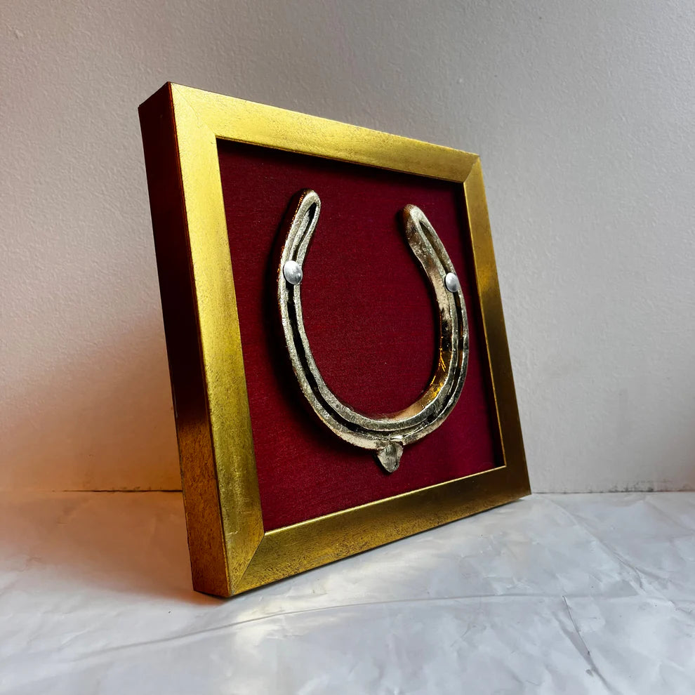 Good Luck Brass Horse Shoe with wine red silk background