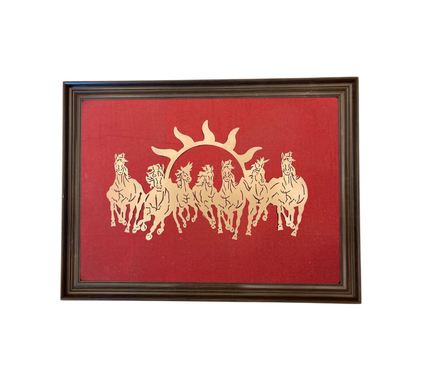 7 Running Horses with Wine Red Silk in Brown Frame