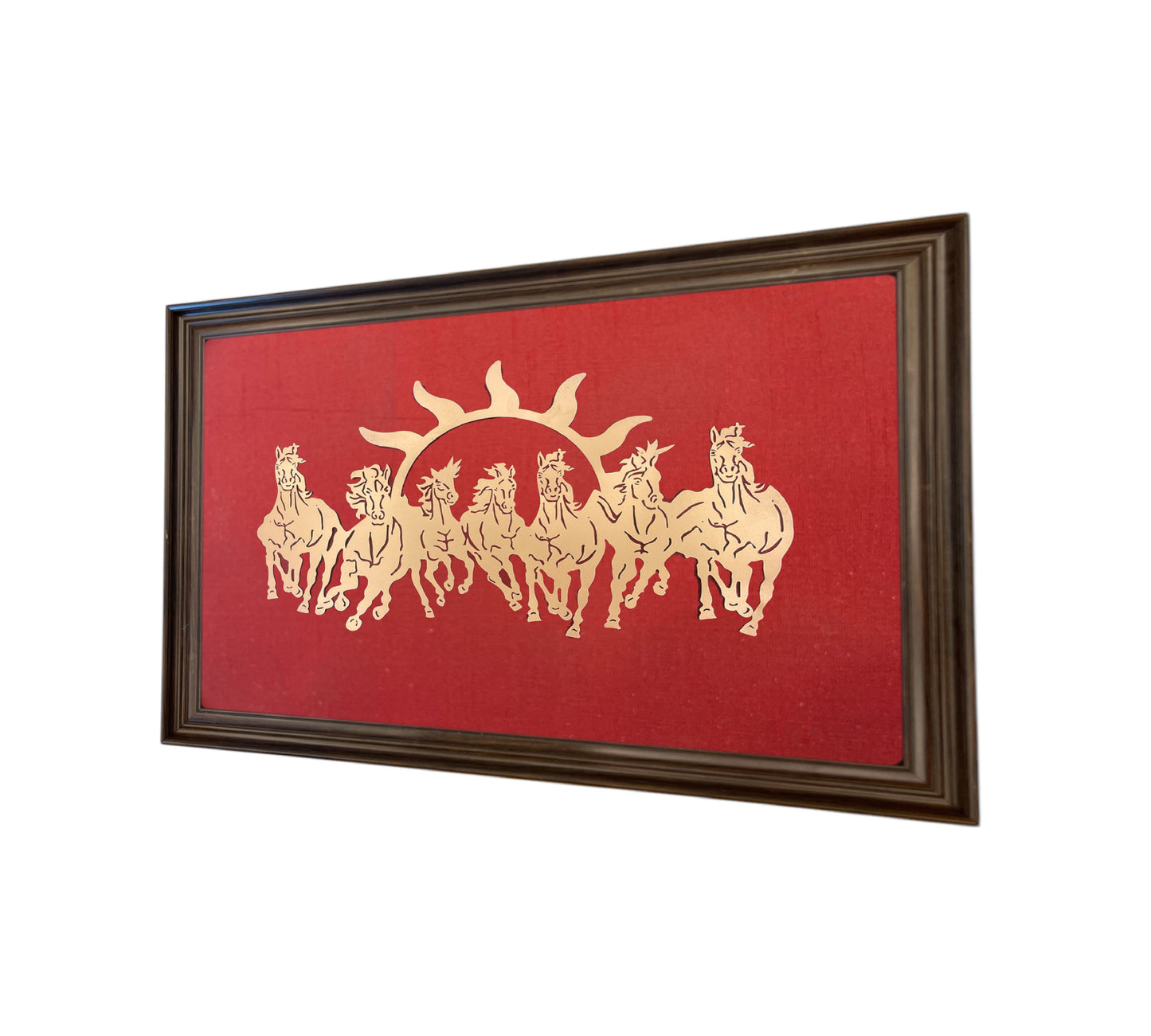 7 Running Horses with Wine Red Silk in Brown Frame