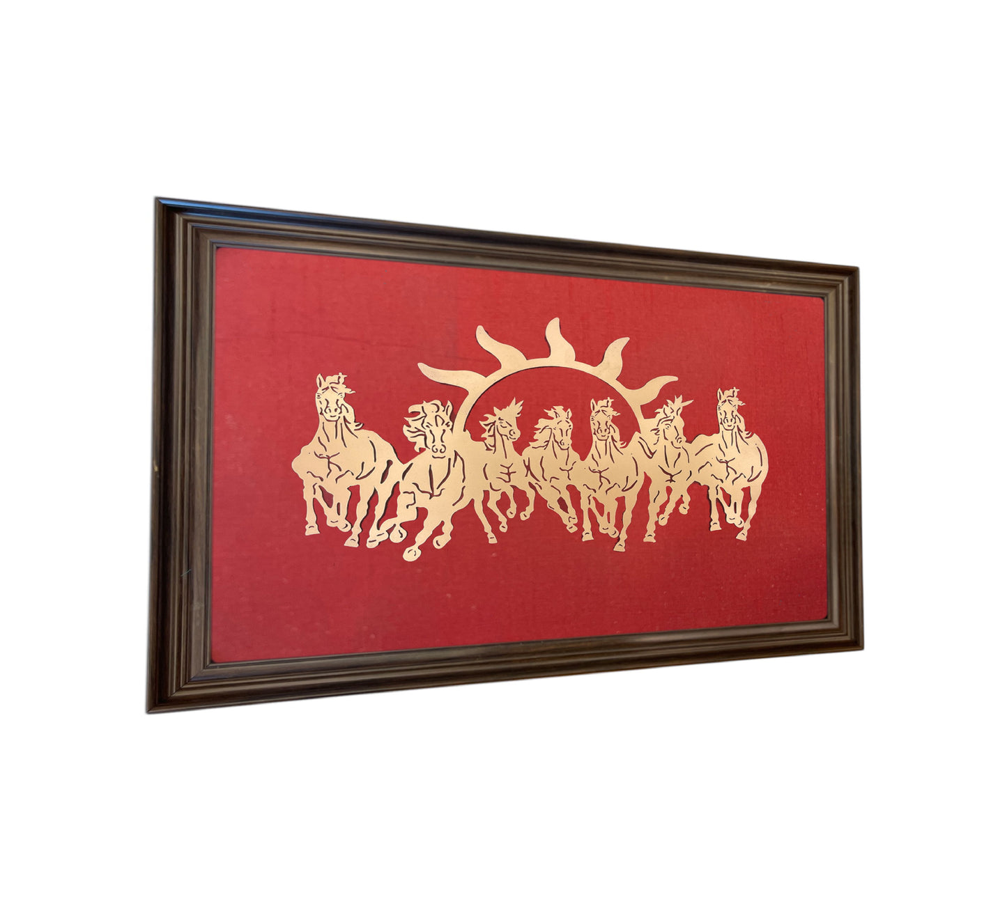 7 Running Horses with Wine Red Silk in Brown Frame